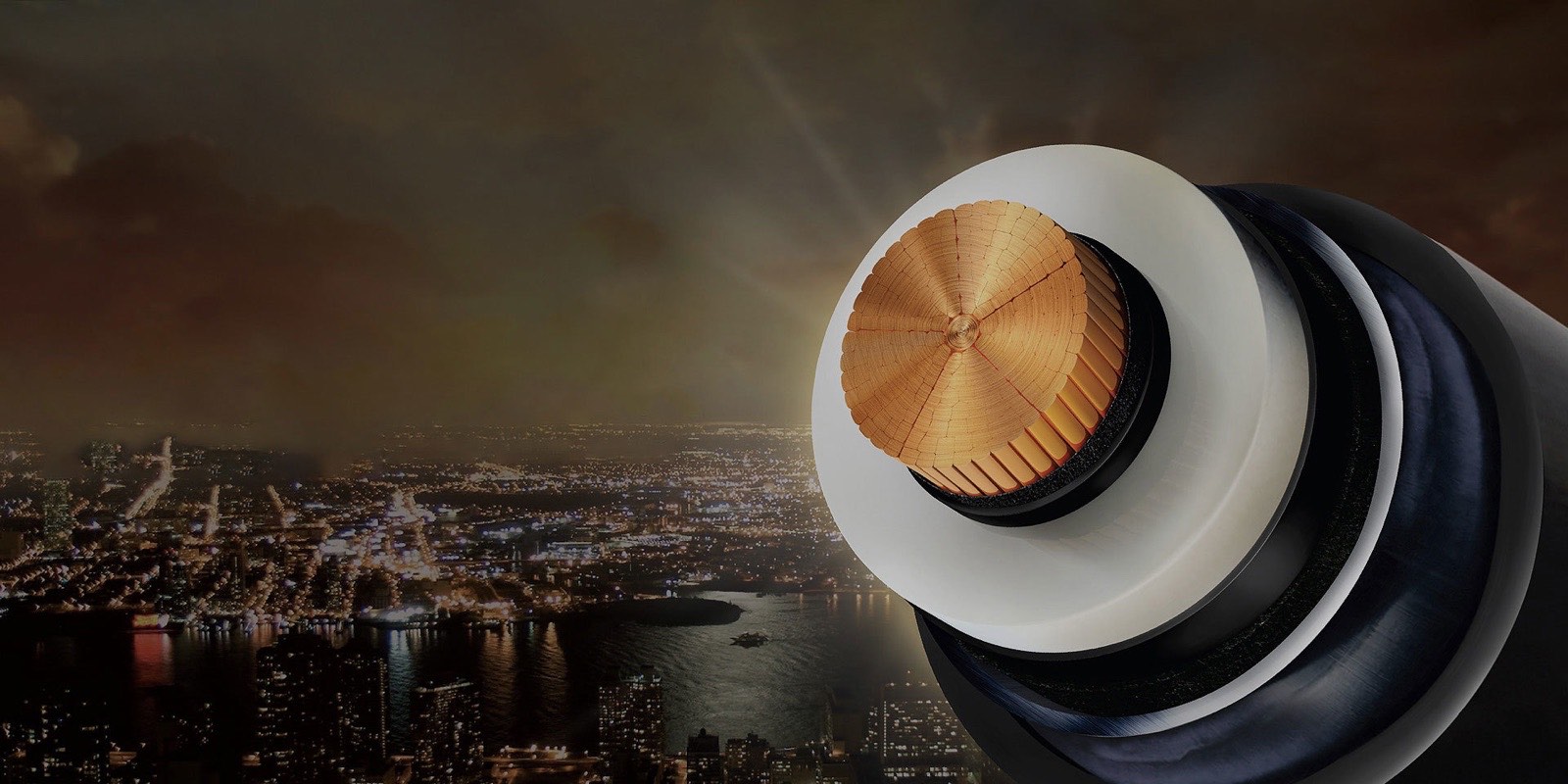 Illustration of a power cable cross-section above a city at night