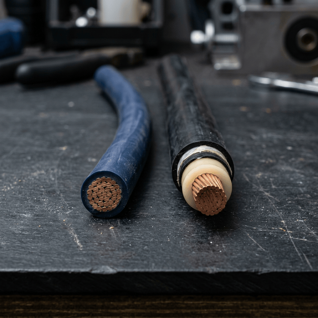 Two thick cables with exposed bundled copper cores on a workshop workbench